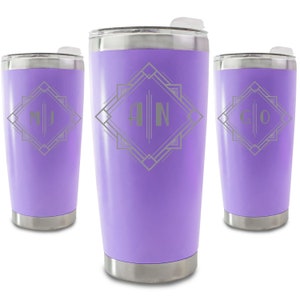 Personalised Engraved 500ml Purple Travel Cup with Deco Initials Design, Personalise with Any Initials or Letters