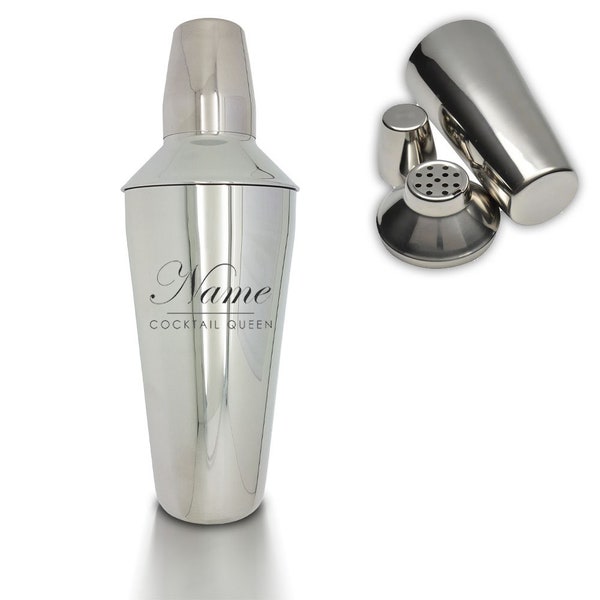 Personalised Engraved Cocktail Shaker with Cocktail Queen Design, Personalise with Any Name