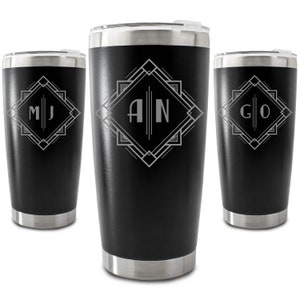 Personalised Engraved 500ml Black Travel Cup with Deco Initials Design, Personalise with Any Initials or Letters