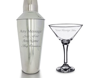 Personalised Engraved Cocktail Shaker with Strainer and Martini Glass, Perfect for any Cocktail lover, Great for any Occasion