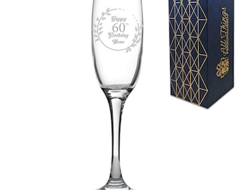 Engraved  Champagne Flute Happy 60th Birthday Wreath Design Gift Boxed