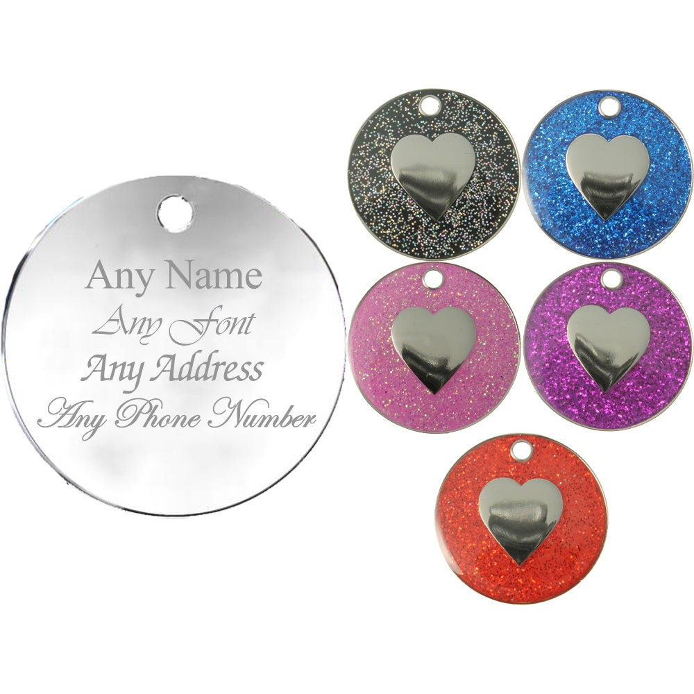 Personalised Engraved Round Glitter Pet Tag with Heart Etsy