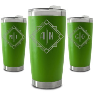Personalised Engraved 500ml Green Travel Cup with Deco Initials Design, Personalise with Any Initials or Letters