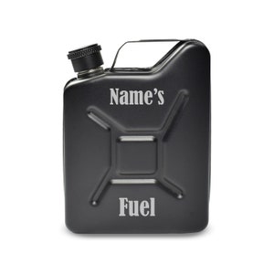 Personalised Engraved Black Jerry Can Hip Flask with Fuel Design, Personalise with Any Name