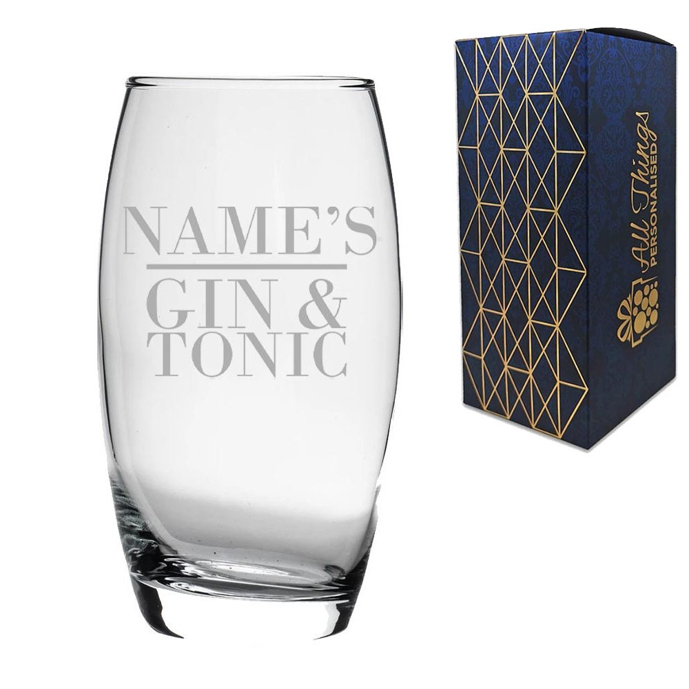 Personalised Engraved Novelty Tondo Hiball Tumbler, "Name's Gin and Tonic", Gift Boxed, The Perfect Gift for Gin Lovers for Birthdays