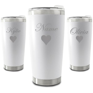 Personalised Engraved 500ml White Travel Cup with Name and Heart Design, Personalise with Any Name