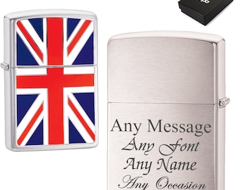 Union Jack Zippo gravé personnalisé en chrome brossé, briquet Zippo officiel, parfait pour toutes les occasions