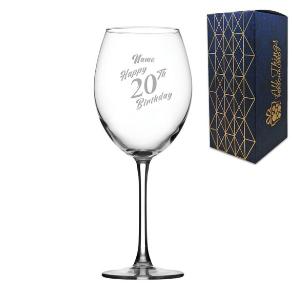 Engraved Enoteca Wine Glass Happy 20th Birthday Slanted Design 