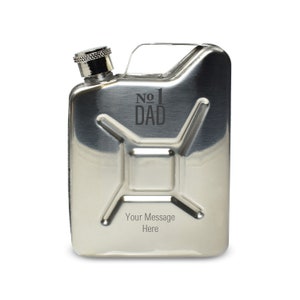 Personalised Engraved Silver Jerry Can Hip Flask with No.1 Dad Design, Personalise with Any Message