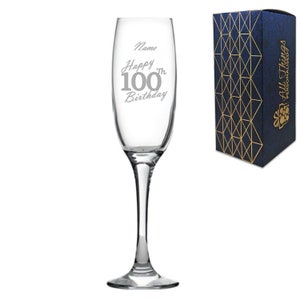 Engraved  Champagne Flute Happy 100th Birthday Handwritten Design Gift Boxed