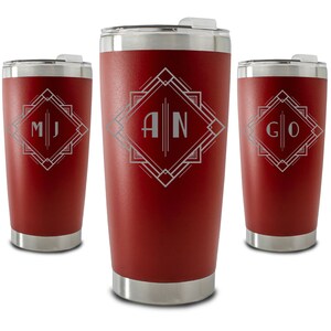 Personalised Engraved 500ml Red Travel Cup with Deco Initials Design, Personalise with Any Initials or Letters