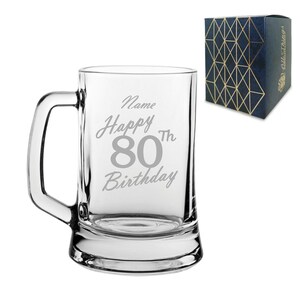 Engraved  Tankard Beer Mug Stein Happy 80th Birthday Handwritten Design Gift Boxed