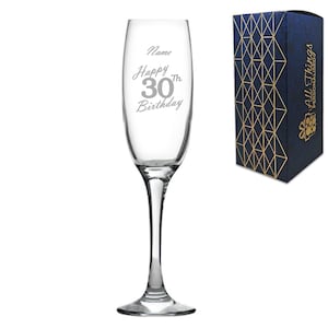 Engraved  Champagne Flute Happy 30th Birthday Handwritten Design Gift Boxed