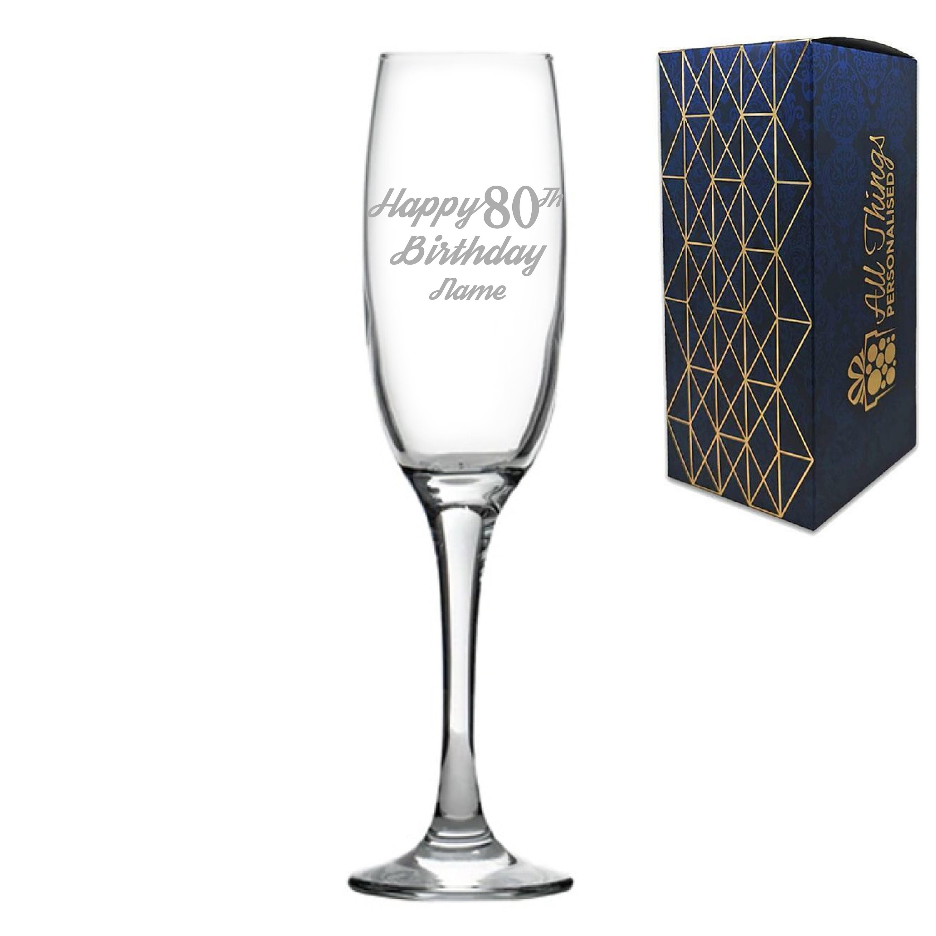 Engraved  Champagne Flute Happy 80th Birthday Modern Design Gift Boxed