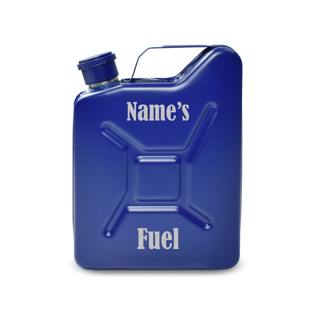 Personalised Engraved Blue Jerry Can Hip Flask With Fuel Design