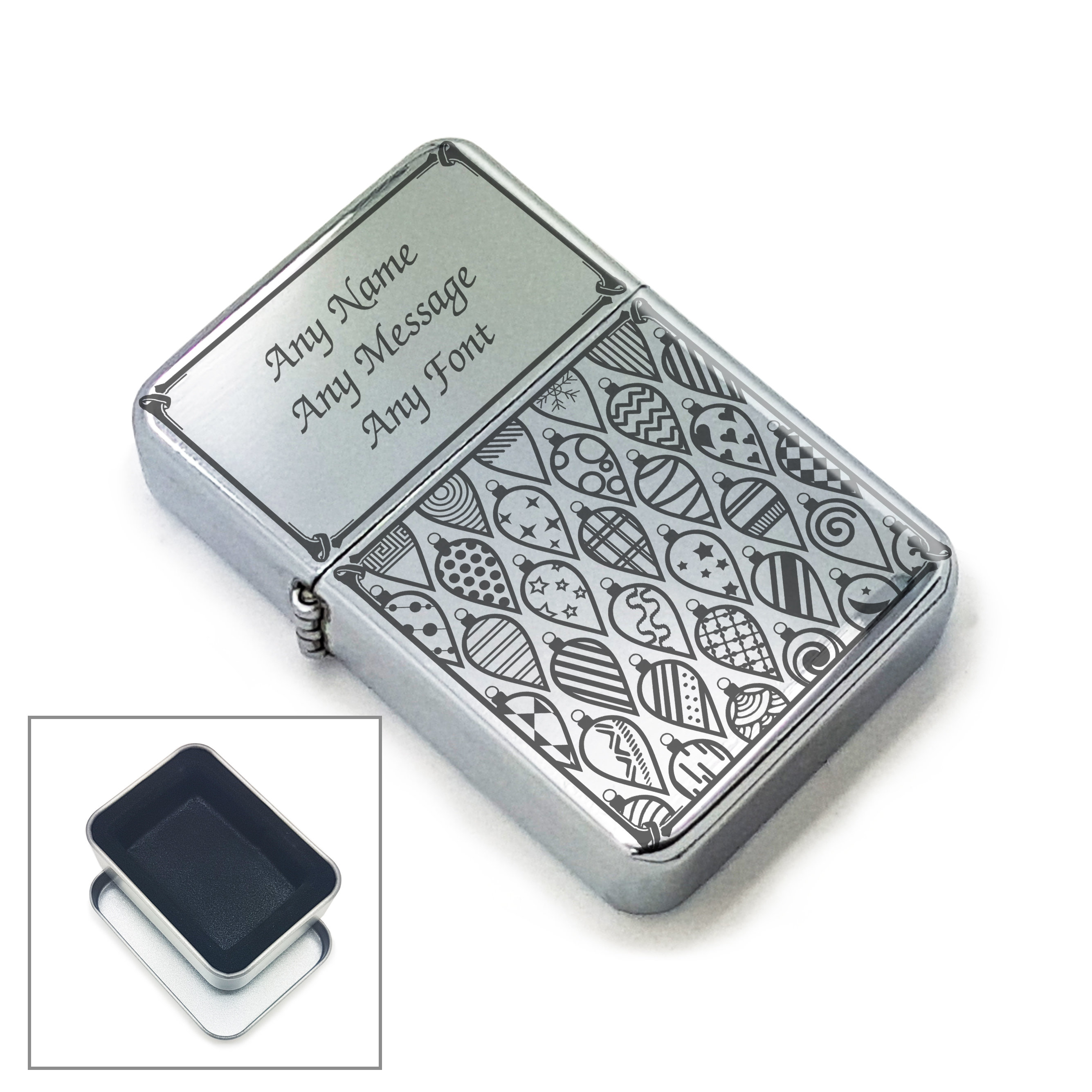 Personalised Engraved Lighter With Christmas Baubles Design, Metal Tin