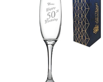 Engraved  Champagne Flute Happy 50th Birthday Slanted Design Gift Boxed