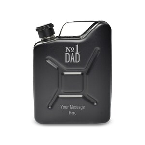 Personalised Engraved Black Jerry Can Hip Flask with No.1 Dad Design, Personalise with Any Message