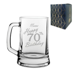 Engraved  Tankard Beer Mug Stein Happy 70th Birthday Handwritten Design Gift Boxed
