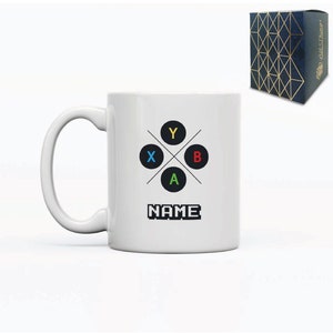 Caneca impressa com design de controle de console de jogo, caixa de presente, personalize com qualquer nome para qualquer jogador