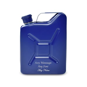 Personalised Engraved Blue Jerry Can Hip Flask, Personalise with Any Message for Any Occasion