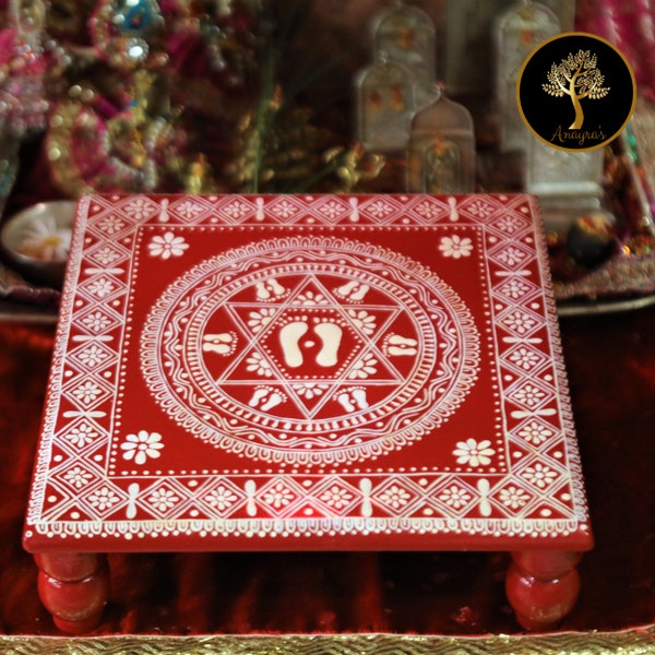 Aipan Inspired Handcrafted Square Wooden Puja Table / Chowki / Footstool for Home