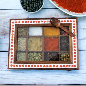 Hand Painted Sheesham Wood Spice Box (12 Partitions)