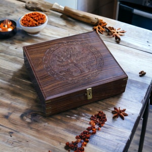 Indian Rosewood Spice Box/Masala Dabba with Hand Carved Tree on Top