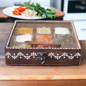 Hand Painted Rosewood Spice Box / Masala Box with Glass Top