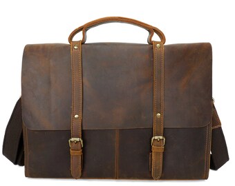 Leather Messenger Bag Full Grain Leather Briefcase 15" Laptop Bag Handmade Cross-body Bag Retro Vintage Fashion Men's Leather Bag Monogram