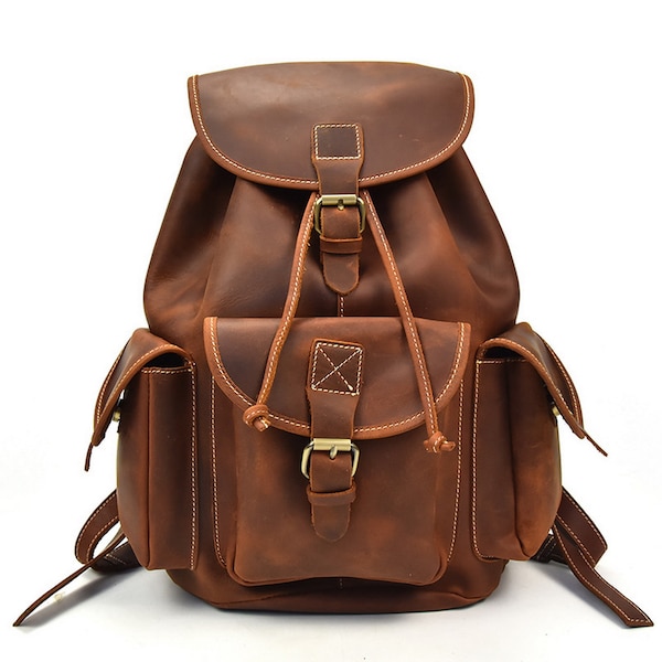 Vintage Full Grain Leather Rucksack Backpack Casual Laptop Bag Daypack For Men Women