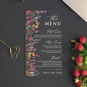 Menú acrílico con flores silvestres, menú de boda acrílico con rosas rojas, eucalipto, hojas verdes, menú acrílico con vegetación, menú floral, menú acrílico con girasoles