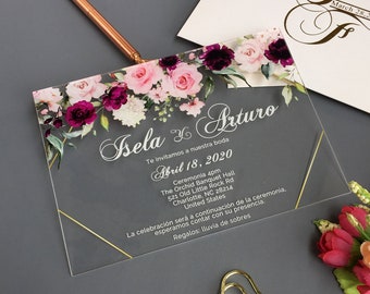 Individuelle Acryl-Hochzeitseinladung, florales Eukalyptus-, Pfingstrosen- und Rosenmotiv