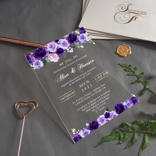 Custom Acrylic Wedding Invitation, Acrylic Invites, Purple Roses, lavender rose, Purple flower, Purple floral invitation, peony-WI-010