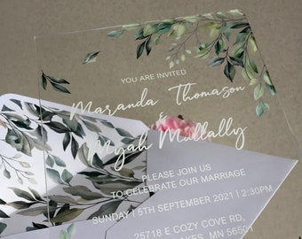 Custom Greenery Wedding Invitation, DIY Greenery Wedding, Gold Eucalyptus Invites , Custom Acrylic Wedding Invitation WI-A022