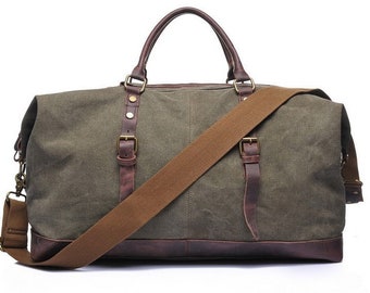 Handmade wax Canvas Duffel Bag, Carry-on Bag, Luggage Bag, Canvas and Leather Travel Bag, Weekend Travel Bag, Unique father's Gifts