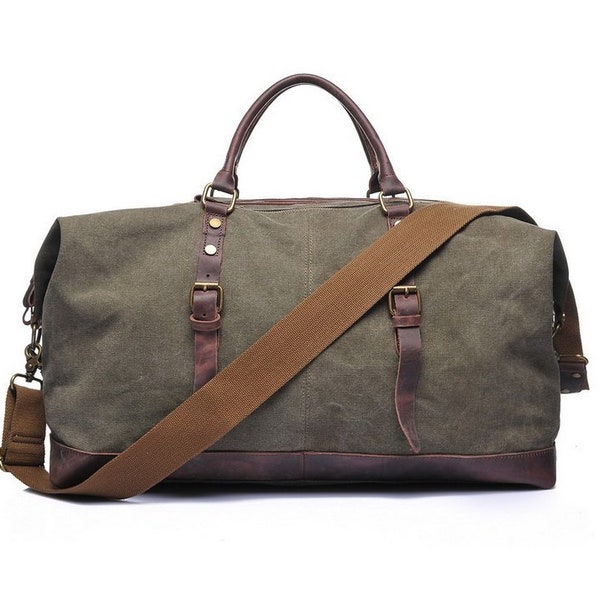 Handmade wax Canvas Duffel Bag, Carry-on Bag, Luggage Bag, Canvas and Leather Travel Bag, Weekend Travel Bag, Unique father's Gifts