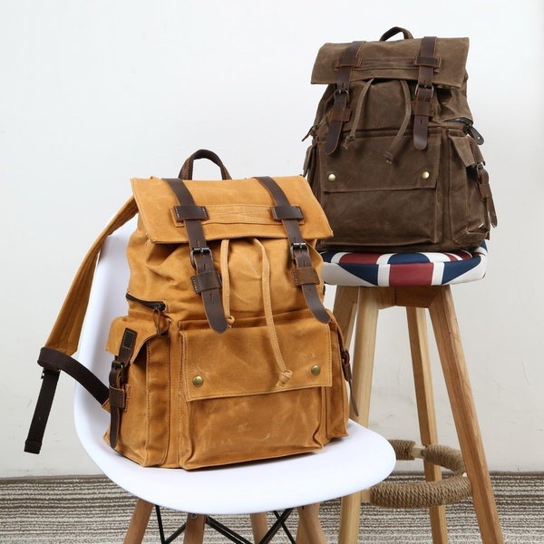 FREE SHIPPING UNISEX Vintage handmade Waxed canvas backpack for men - mens backpack - canvas rucksack for women - laptop bag