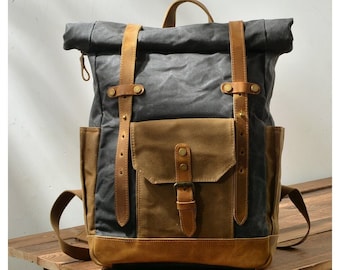 Waxed canvas leather backpack with roll up top for men - mens backpack - canvas rucksack for women - laptop bag-Christmas Gifts for him&her