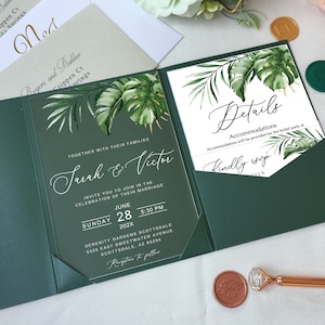 Destination Wedding Acrylic Invitation Set Hawaiian Wedding Tropical Greenery Wedding Invite Palm Leaves, Monstera Tropical Jungle WI-A103