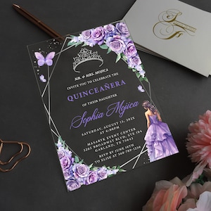 Purple Lavender Floral Acrylic Quinceañera Invite, Sweet 16 Acrylic Invite, Purple Floral Butterflies Eucalyptus Greenery Gold Crown QI-021