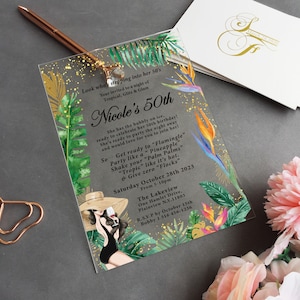 Acrylic 50th Birthday Invitation, Birthday Party Invitation, Greenery Acrylic Invite, Tropical Watercolor, Palm Leaves, Monstera, Floral