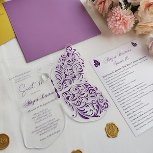Acrylic Quinceañera Invitation, Sweet 16 invite, Purple Pink Quinceanera Invites, Custom Acrylic Invite, Butterfly Invitation QI-001C