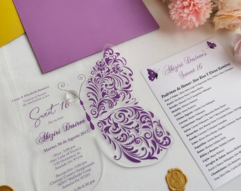 Acrylic Quinceañera Invitation, Sweet 16 invite, Purple Pink Quinceanera Invites, Custom Acrylic Invite, Butterfly Invitation QI-001C