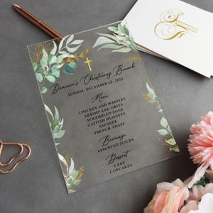 Menú acrílico personalizado, eucalipto, hojas verdes, menú acrílico con vegetación, menú floral, menú acrílico con girasoles, menú de boda acrílico con rosas rojas
