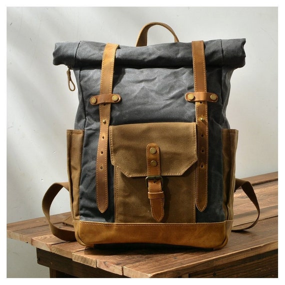 Waxed Canvas Leather Backpack With Roll up Top for Men Mens - Etsy