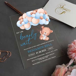 Acrylic Blue Teddy Bear Baby Shower Invite, Boy Girl Baby Shower, Pink Teddy Bear, Balloons BI-058