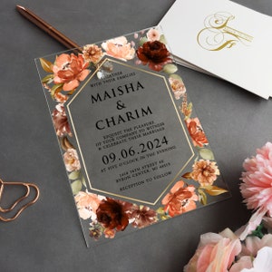Terracotta fall wedding invitation acrylic invitation, Autumn Orange Acrylic Wedding Invite, Fall Rust Wildflower Invite WI-A109