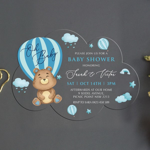 Teddy bear Hot air balloon Baby Shower Acrylic Invite, Baby Boy Baby Blue Baby Shower Invite, Cloud Shape Acrylic Invite BI-066