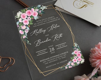 Wedding Acrylic Invitation, Watercolor Pink Flower, Roses Wedding Invite,  Custom Acrylic Wedding Invitation, Green Leaves WI-A019 